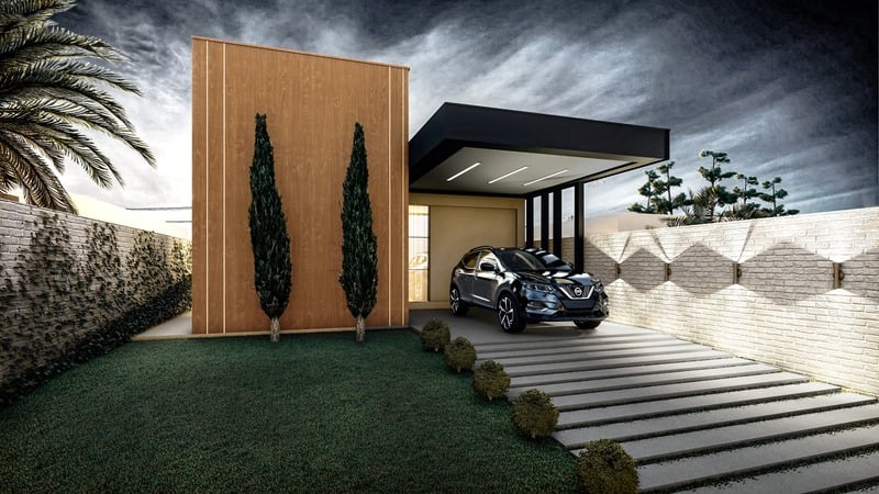 Renderização de casa moderna com parede revestida de madeira e garagem coberta.