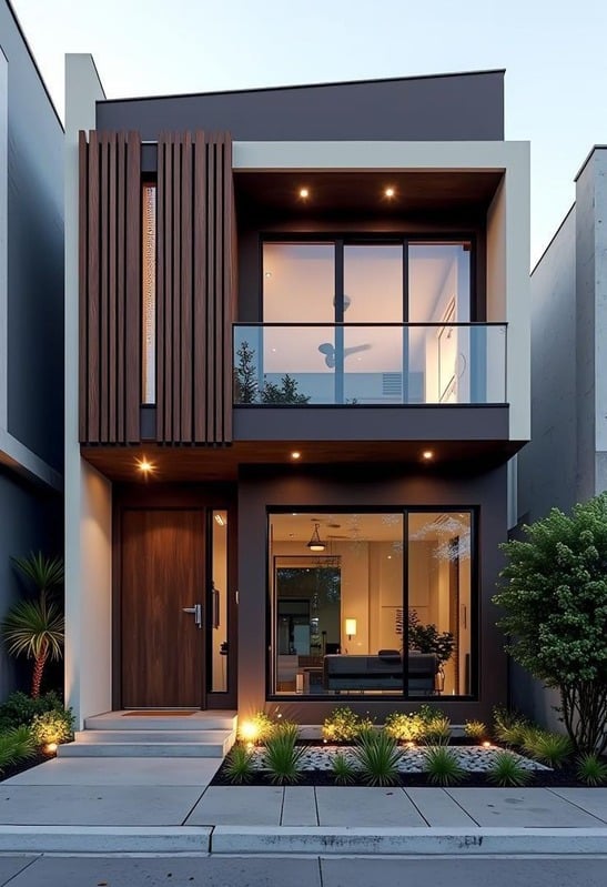 Fachada de casa contemporânea com painel de madeira, varanda de vidro e iluminação quente.