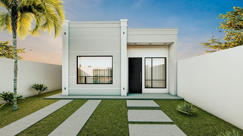 Renderização de fachada residencial térrea com linhas limpas e telhado embutido.